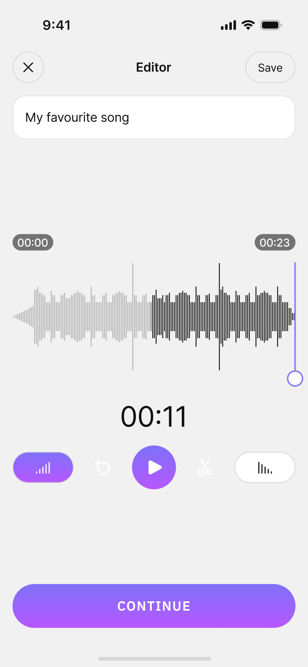 VibeCall editor screen with waveform and continue button