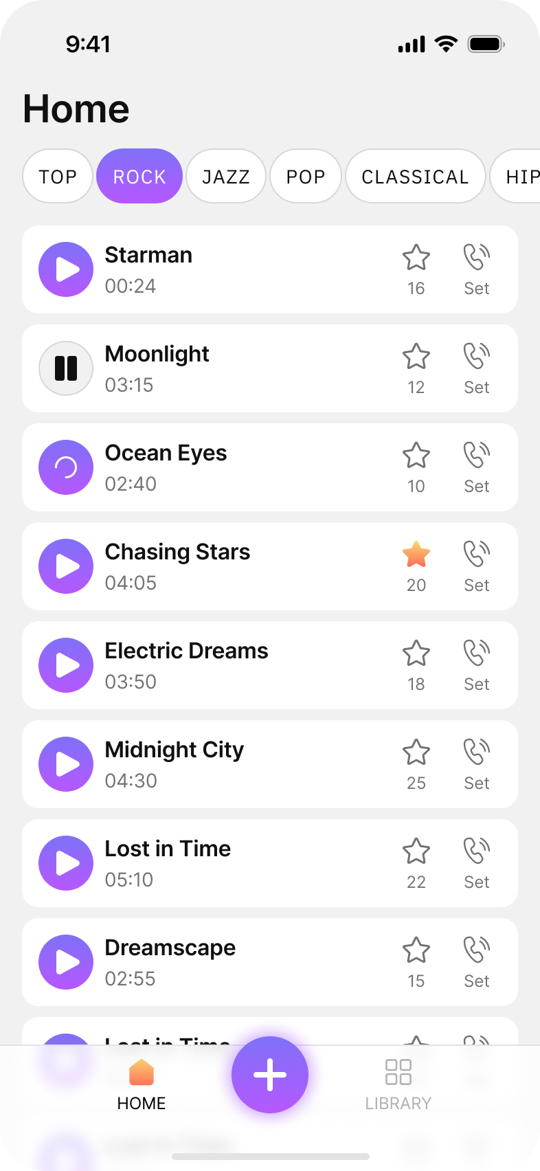 VibeCall home screen with ringtone list