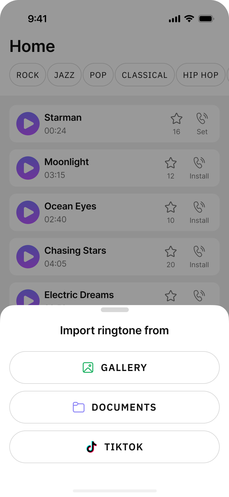 VibeCall import ringtone sheet with Gallery, Documents, and TikTok options