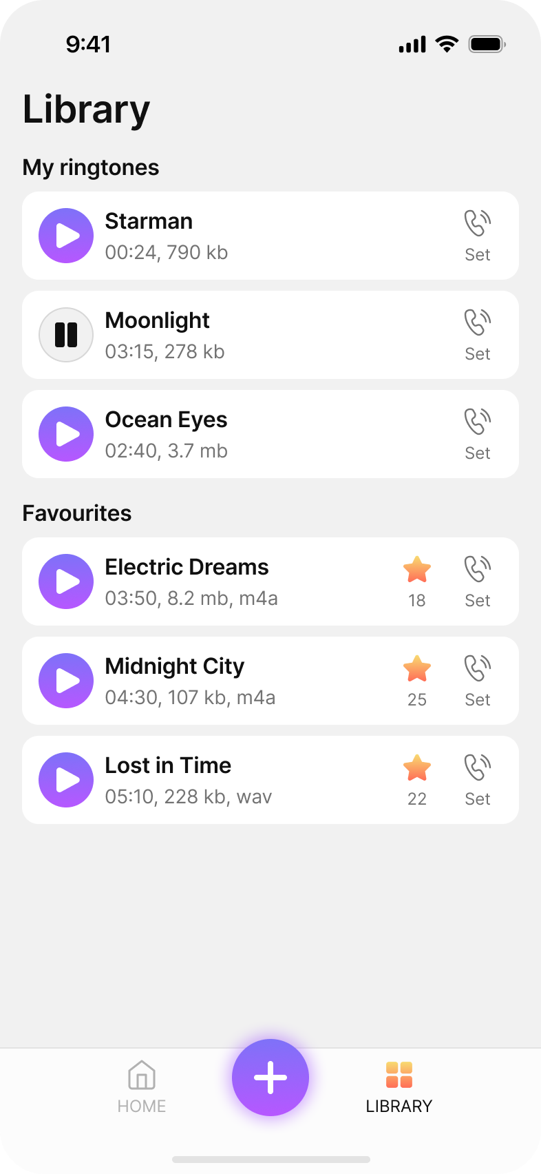 VibeCall library screen with saved ringtones